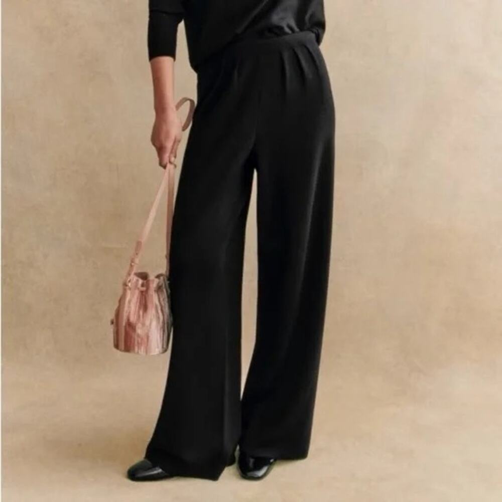 Sezane Loulou Knit Trousers Medium Black Wool Pleated Pull On